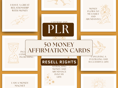 PLR money and abundance affirmation cards for resell with private label rights. Boho and aesthetic card templates in the background for content creators and business owners. It's editable in Canva. 