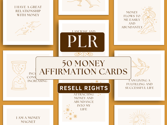 PLR money and abundance affirmation cards for resell with private label rights. Boho and aesthetic card templates in the background for content creators and business owners. It's editable in Canva. 