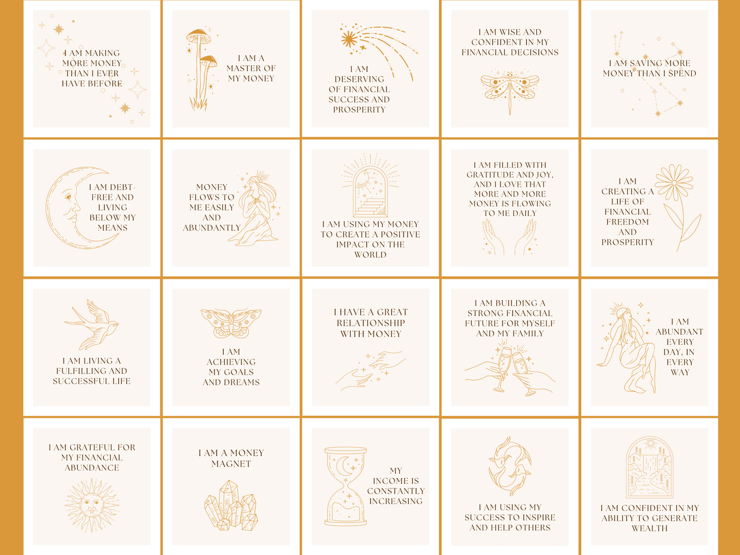 Boho and aesthetic money and abundance affirmation card templates with aesthetic font which say e.g. "I am a master of money", "I am achieving my goals and dreams", "I am a money magnet" and much more for your business. They are all editable in Canva.