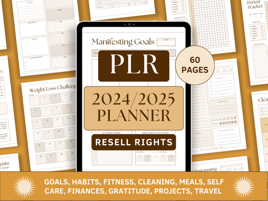 PLR 2024/2025 planner editable in Canva for resell with private label rights. Tablet mockup with aesthetic and boho planner templates in the background for content creators and business owners. It includes goals, habits, fitness, cleaning, meals and much more!