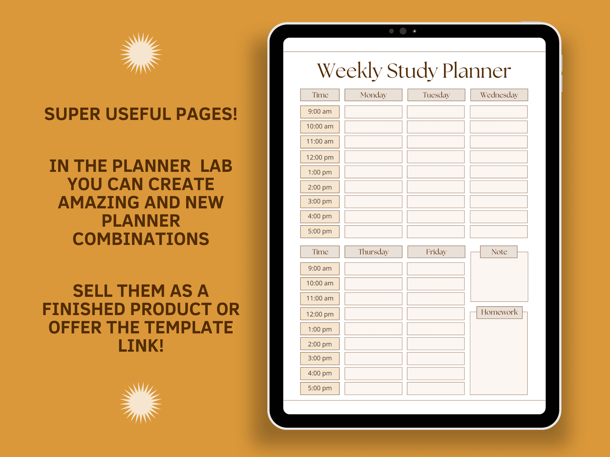 Table mockup with a boho and aesthetic weekly study planner template. In the planner lab you can create amazing and new planner combinations. Sell them as finished product or offer the template link! It's editable in Canva.