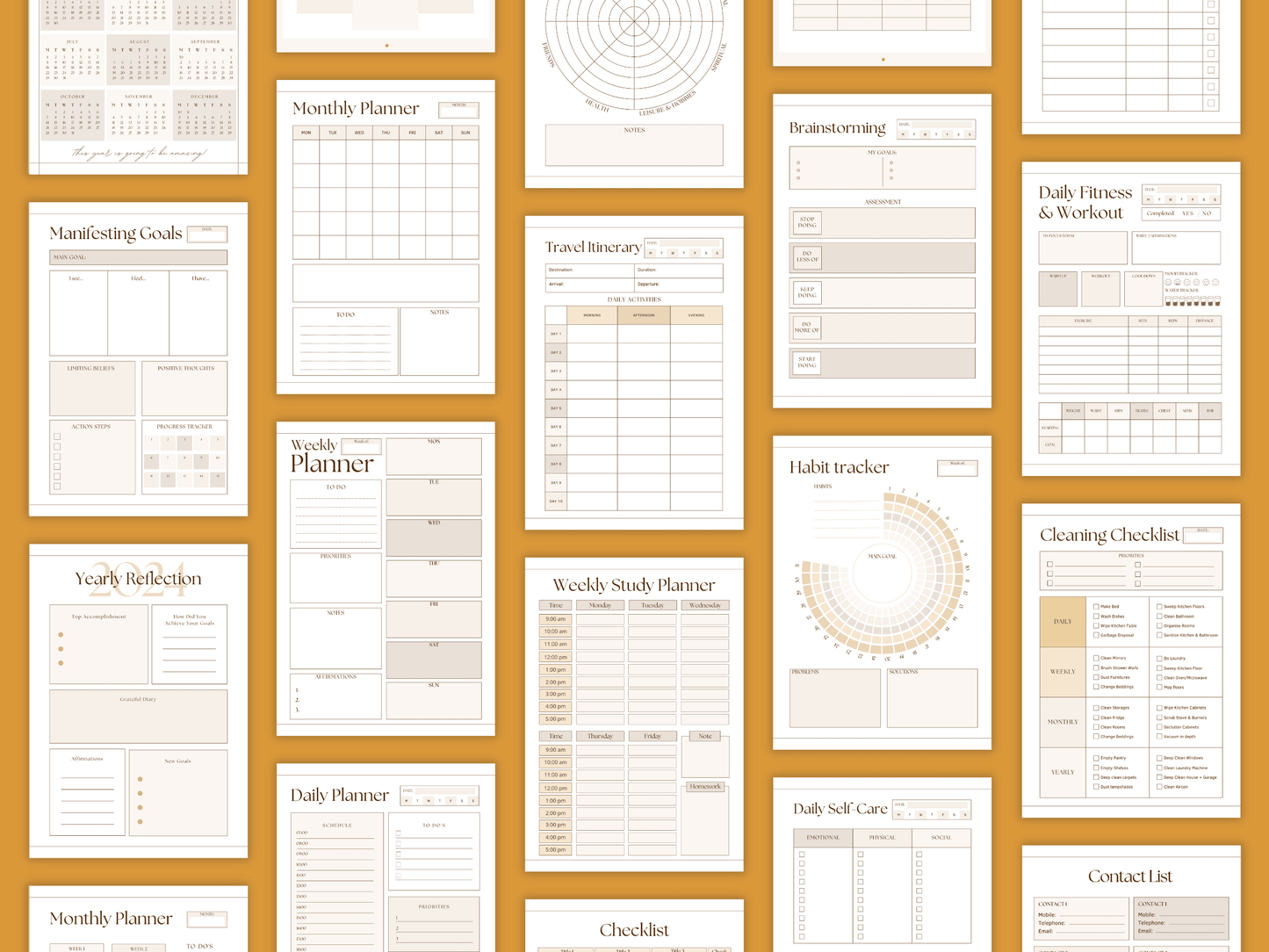 Boho and aesthetic planner lab templates which include e.g. a weekly planner, monthly planner, travel itinerary, habit racker and much more for your business. It's editable in Canva.