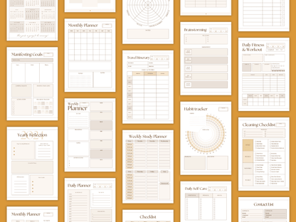 Boho and aesthetic planner lab templates which include e.g. a weekly planner, monthly planner, travel itinerary, habit racker and much more for your business. It's editable in Canva.