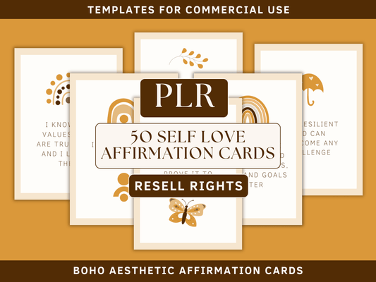 PLR self love affirmation cards editable in Canva for resell with private label rights. Boho and aesthetic affirmation cards in the background for content creators and business owners. 
