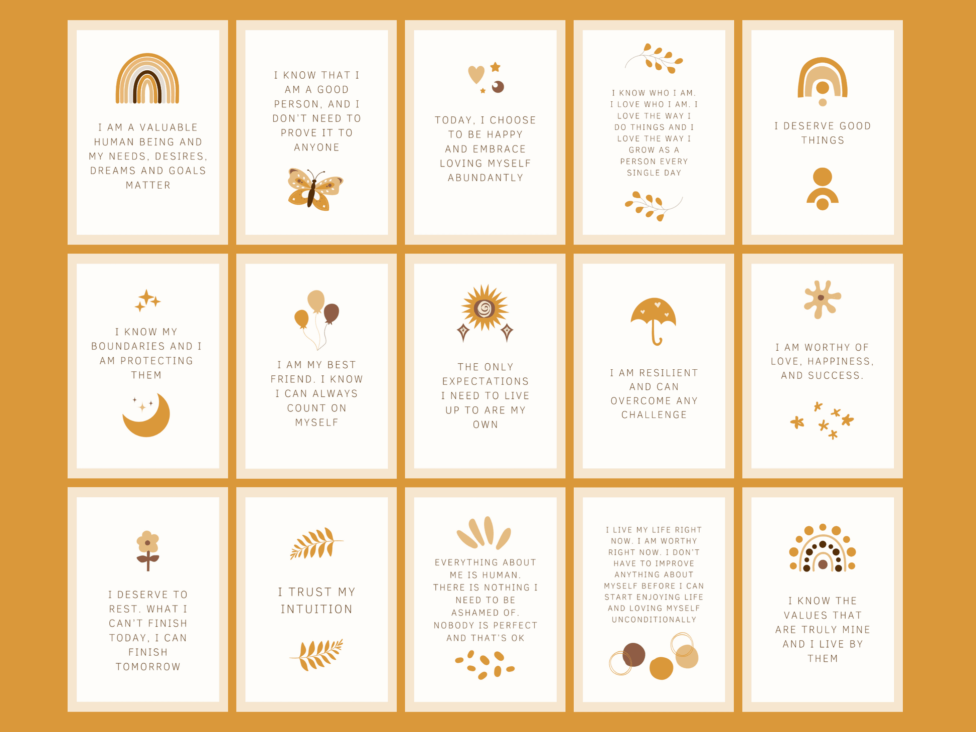 Boho and aesthetic self love affirmation card templates with aesthetic font which say e.g. "I deserve good things", "I am worthy of love, happiness and success", "I trust my intuition" and much more for your business. They are printable and editable in Canva.