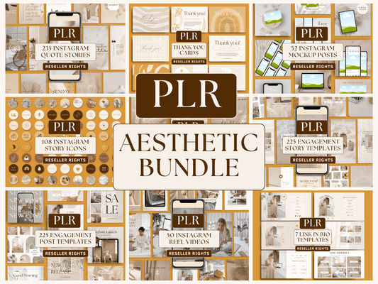PLR Social media templates aesthetic bundle for resell with private label rights. This bundle includes e.g. tank you cards, Instagram mockup posts, Instagram reel video templates and much more for content creators and business owners. Different aesthetic and boho social media templates with phone mockups in the background. They are all editable in Canva.