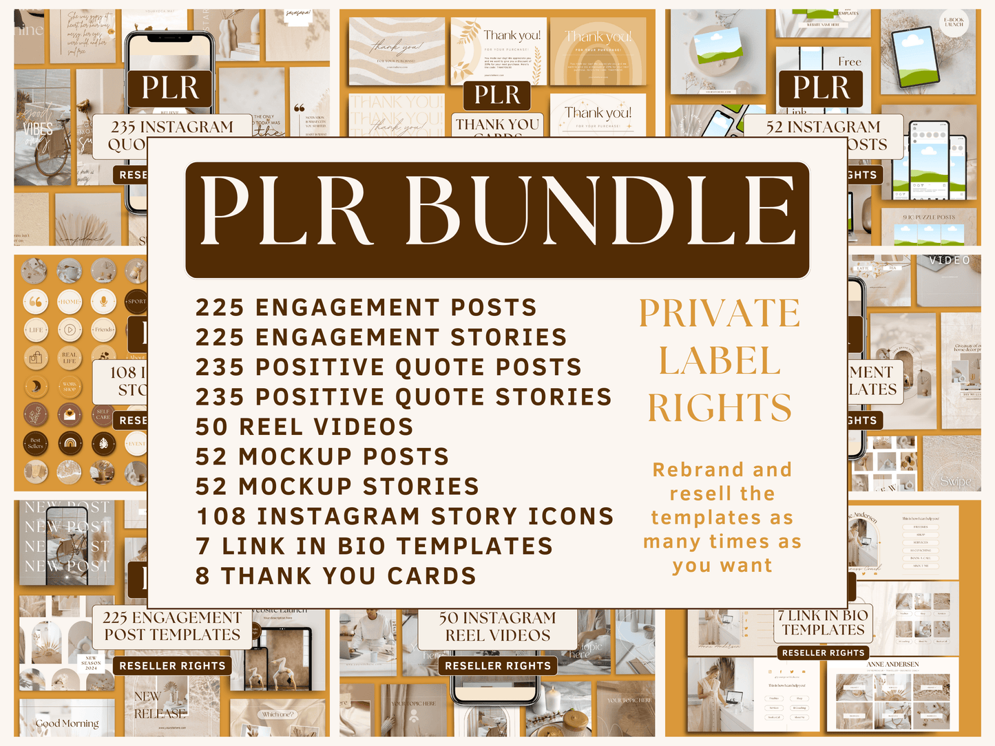 PLR aesthetic bundle which includes e.g. 225 engagement posts, 225 engagement stories, 50 reel videos, 52 mockup stories and much more for your business. They are all editable in Canva.