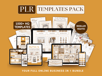 1000+ PLR templates bundle to start your own shop for resell with private label rights. Electronic device mockups with different aesthetic and boho planner and tool templates in the background. For content creators and business owners. It's editable in Canva.