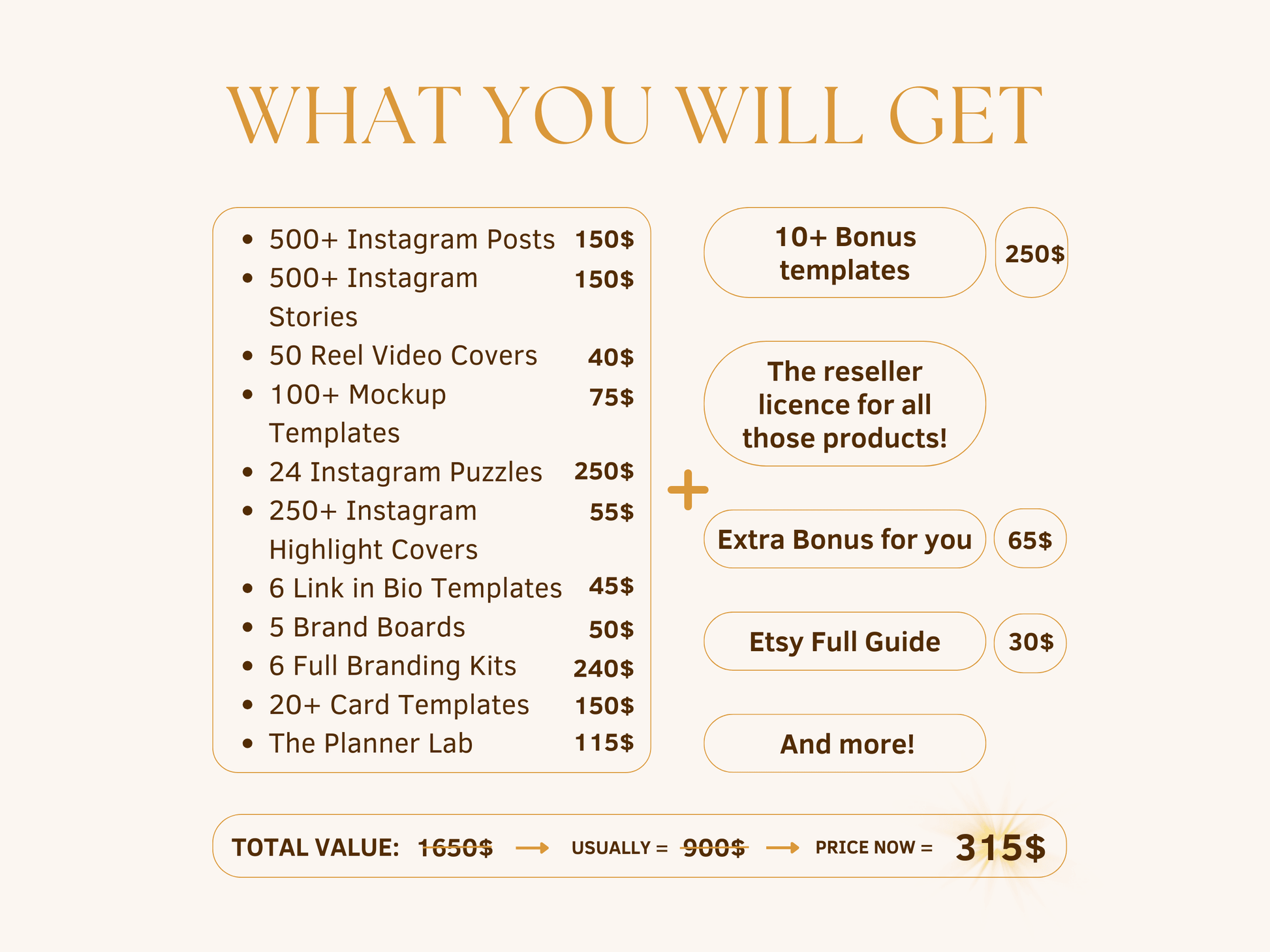 What will you get? This bundle includes 500+ Instagram posts, 500+ Instagram stories, 50 Instagram reel video covers, 250+ Instagram highlight covers, 6 full branding kits and more, as well as bonuses. Usually for 900$, now for 315$. For content creators and business owners.