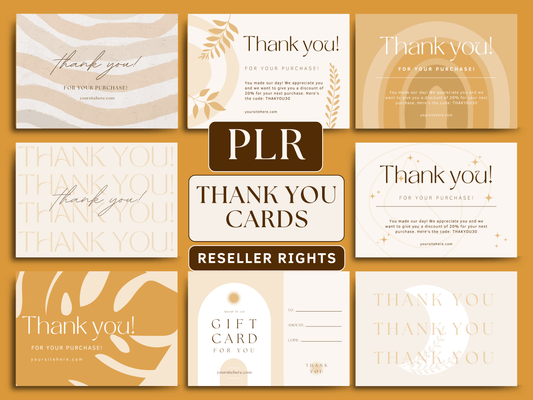 PLR thank you card templates editable in Canva for resell with private label rights. Thank you card templates with aesthetic font and boho elements in the background for your business.