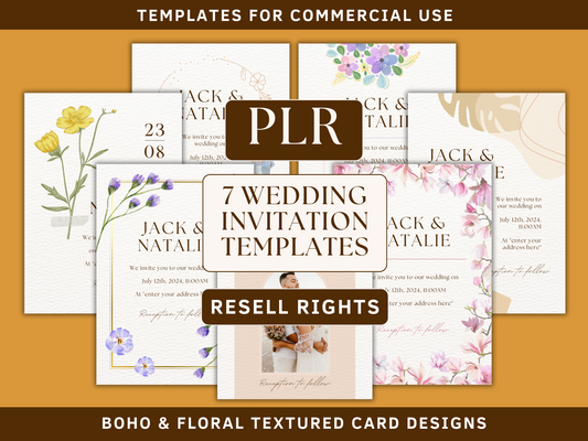 PLR wedding invitation templates editable in Canva for resell with private label rights. Boho and floral textured card designs in the background for content creators and business owners. 