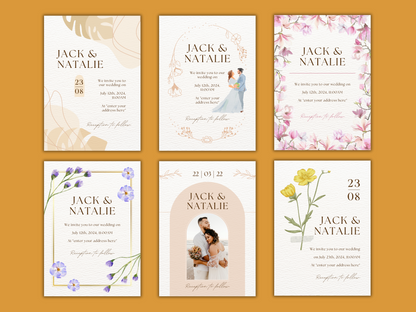 Boho, aesthetic and floral textured wedding invitation templates for content creators and business owners. They are editable in canva.