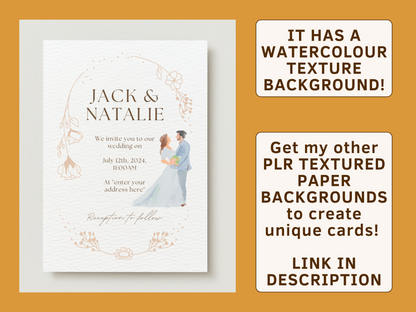 Boho and aesthetic wedding invitation template. It has a watercolour texture background! Get my other PLR textured paper backgrounds to create unique cards! Link in the description. It's editable in Canva.