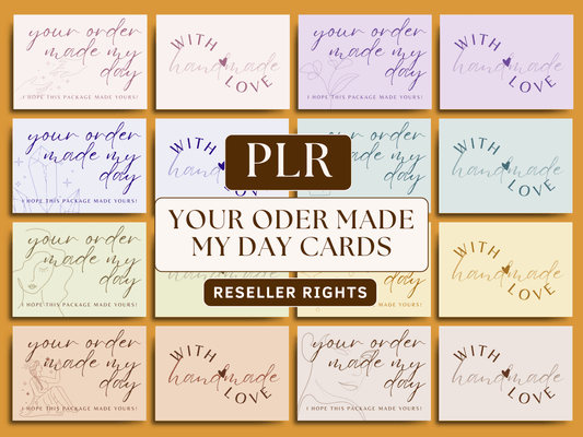 PLR Your Order Made My Day cards editable in Canva with included private label rights for resell. Card templates with aesthetic font and boho elements i the background for content creators and business owners.