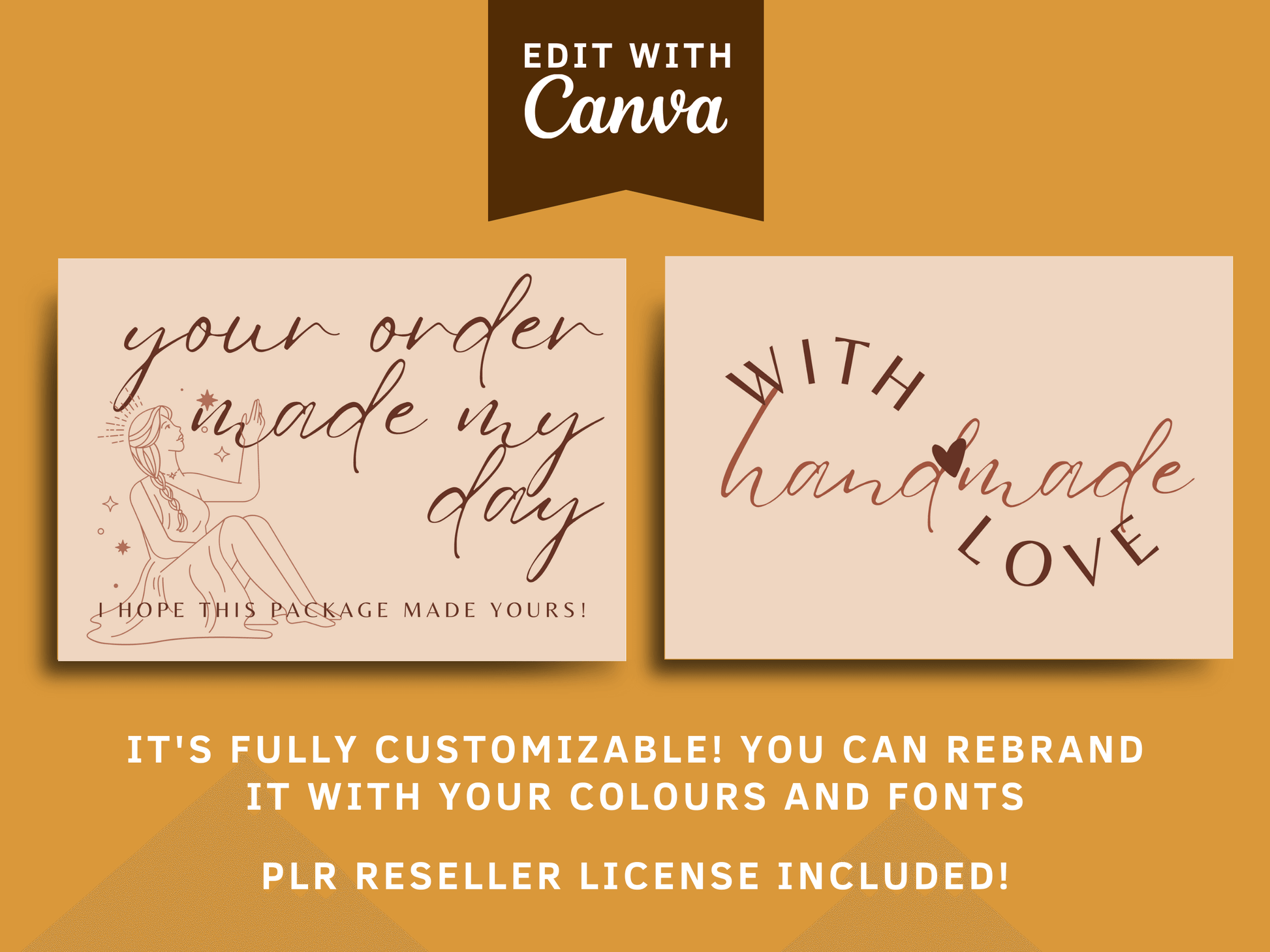 Your order made my day car templates with aesthetic font and boho colors and elements which say "your order made my day, I hope this package made yours!" and "with handmade love". It's fully customizable. You can rebrand it with your colors and fonts. PLR reseller license included!