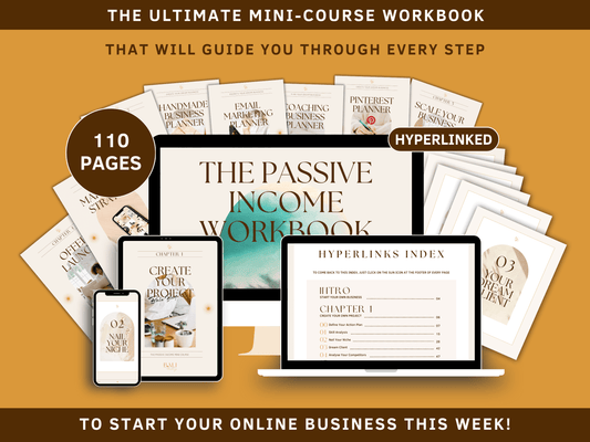 The Passive Income done-for-you Workbook Mini-Course to start your online business this week! This workbook includes planners and guides from skill analysis, niche choice and competitor analysis to ideal client and offer outline which are going to help you reach financial freedom.  
