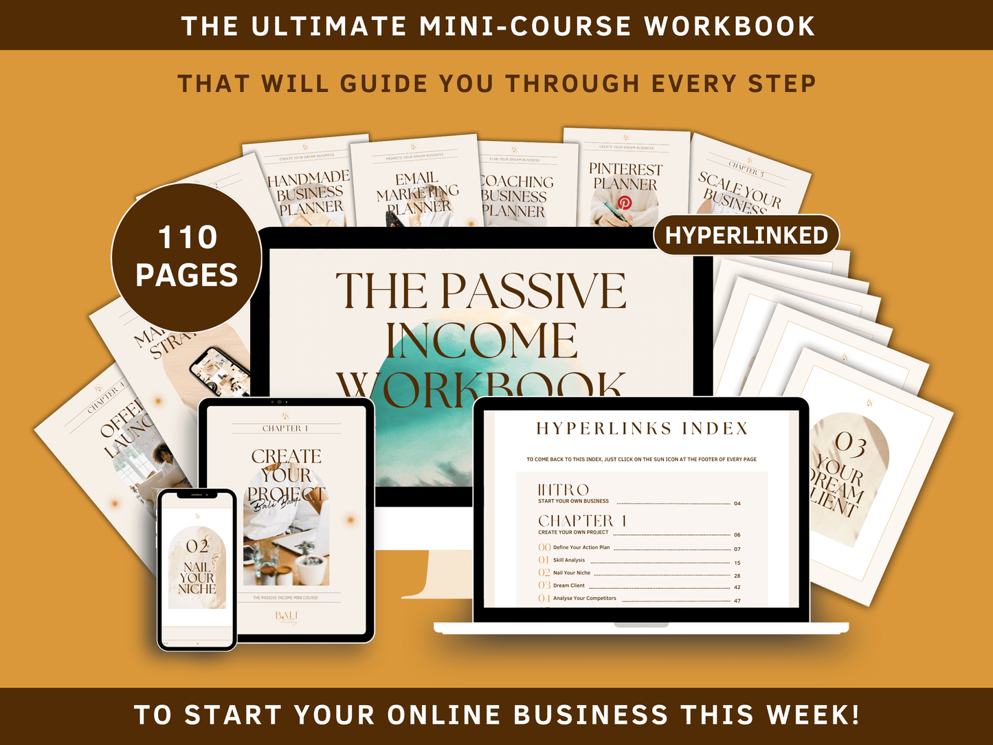 The Passive Income done-for-you Workbook Mini-Course to start your online business this week! This workbook includes planners and guides from skill analysis, niche choice and competitor analysis to ideal client and offer outline which are going to help you reach financial freedom.  
