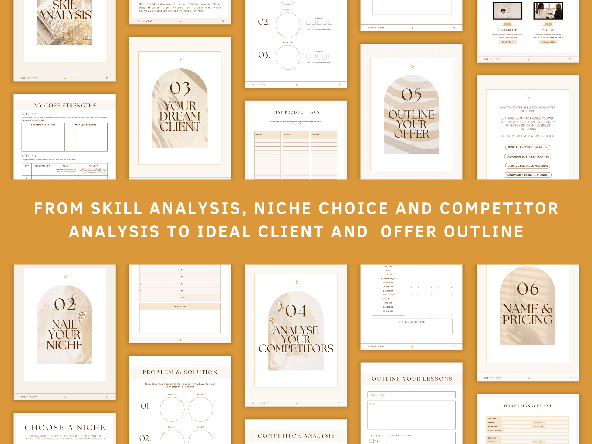 The Passive Income done-for-you Workbook Mini-Course to start your online business this week! This workbook includes planners and guides from skill analysis, niche choice and competitor analysis to ideal client and offer outline which are going to help you reach financial freedom.