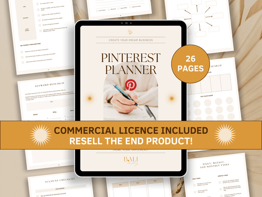 Pinterest digital done-for-you planner with included commercial licence for resell. Tablet mockup and aesthetic and boho Pinterest planner templates in the background for content creators and business owners. It's editable in Canva.