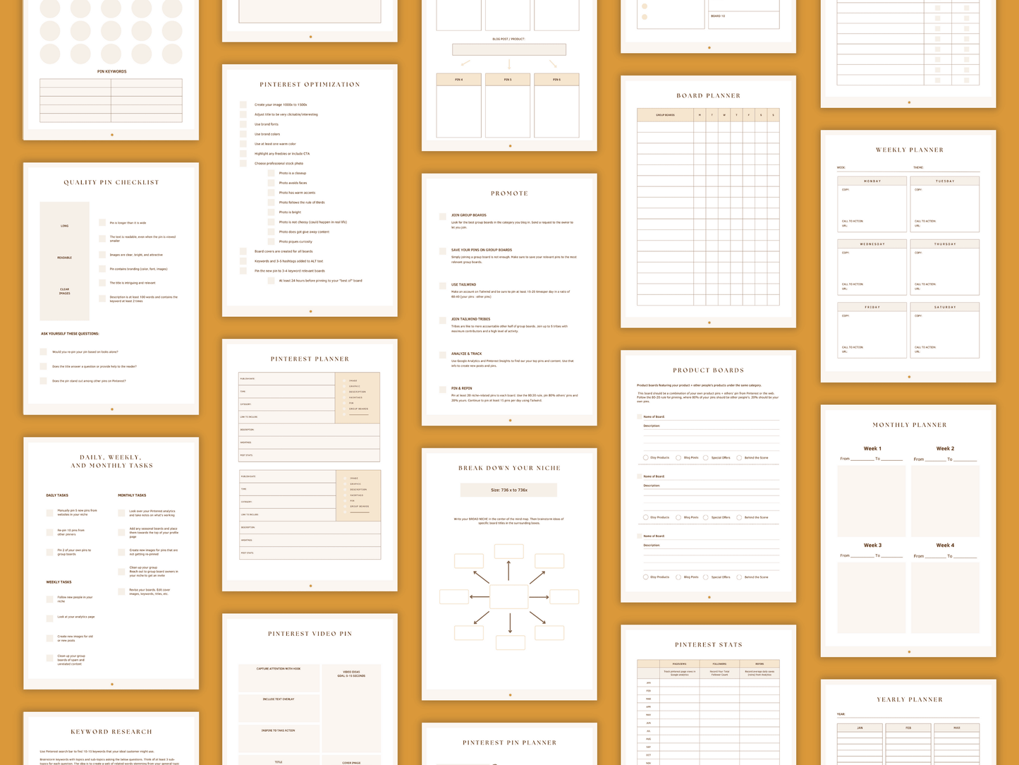 Aesthetic and boho Pinterest digital planner templates which include e.g. product boards, Pinterest stats, board planner and much more for your business. It's editable in Canva.