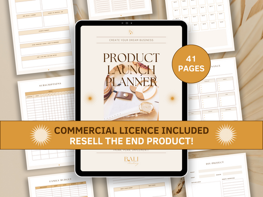 Product launch done-for-you planner with included commercial license for resell. Tablet mockup and aesthetic and boho product launch planner templates in the background for content creators and business owners. It's editable in Canva.