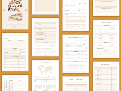 Aesthetic and boho Product launch done-for-you planner templates wich include e.g. product brainstorm, product pricing, sales map, etc. for content creators and business owners. It's editable in canva.