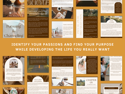 Identify your passions and find your purpose while developing the life you really want with the Pursue Your Passion PLR eBook & Workbook! You can see aesthetic and boho eBook section templates in the background perfect for your business. It's editable in Canva.