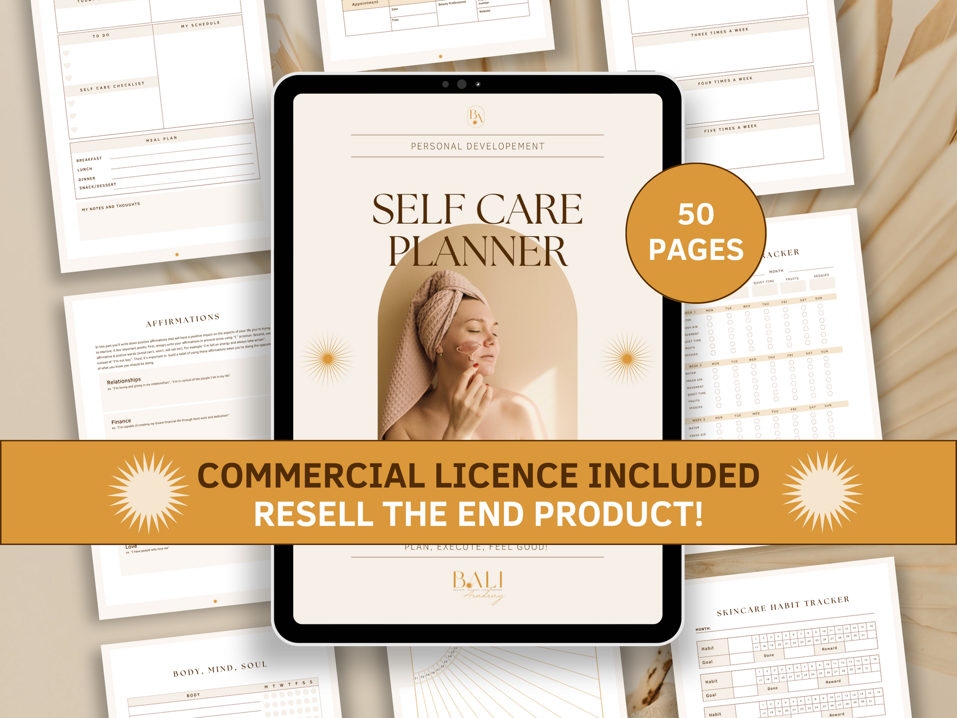 Self care done-for-you planner editable in Canva with included commercial license for resell. Tablet mockup in the background with aesthetic and boho self care planner templates for your business.