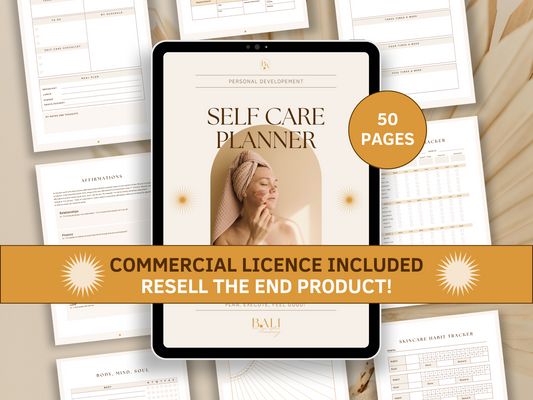 Self care done-for-you planner editable in Canva with included commercial license for resell. Tablet mockup in the background with aesthetic and boho self care planner templates for your business.