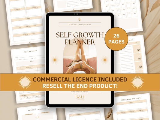 Self growth done-for-you planner with included commercial licence for resell. Tablet mockup and aesthetic and boho personal growth planner templates in the background for content creators and business owners. It's editable in Canva.
