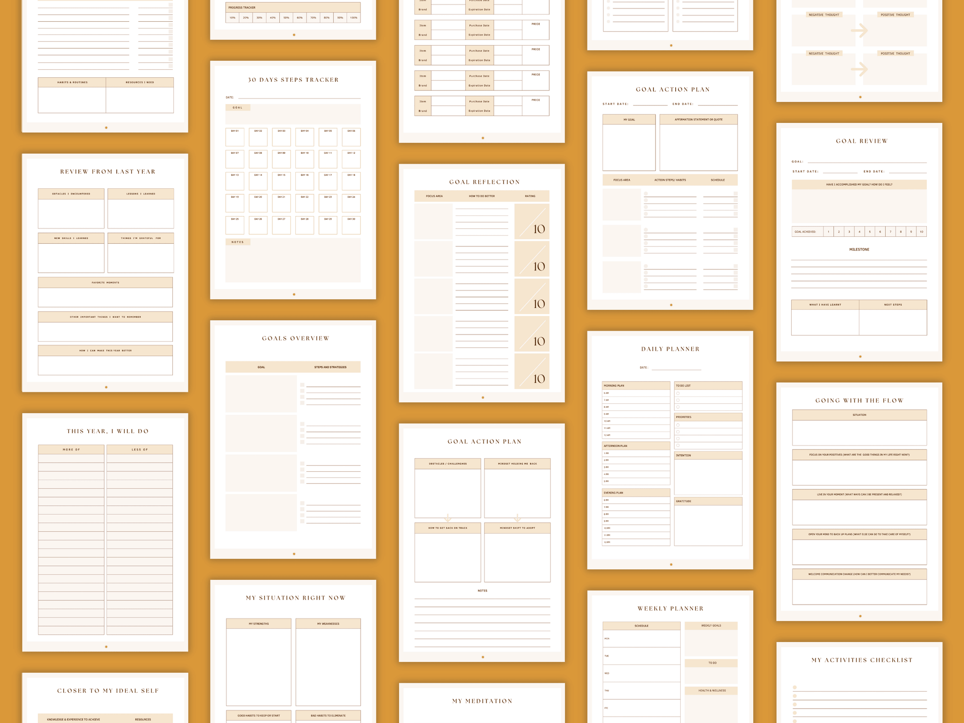 Aesthetic and boho personal growth planner templates which include e.g. goal overview, goal reflection, goal action plan and much more for your business. It's editable in Canva.