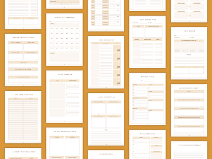 Aesthetic and boho personal growth planner templates which include e.g. goal overview, goal reflection, goal action plan and much more for your business. It's editable in Canva.