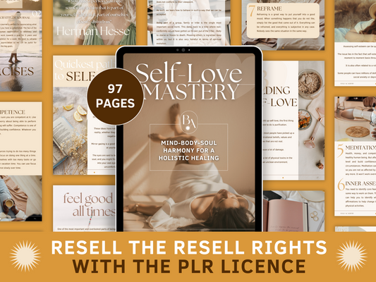 Self Love Mastery PLR eBook & Workbook for resell with private label rights. Mind-Body-Soul harmony for a holistic healing! Tablet mockup and aesthetic and boho eBook section templates in the background for content creators and business owners. It's editable in Canva. 