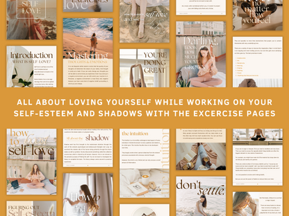 Self Love Mastery PLR eBook & Workbook - All about loving yourself while working o your self-esteem and shadows with the exercise pages. You can see aesthetic and boho eBook section templates in the background perfect for your business. It's editable in Canva.