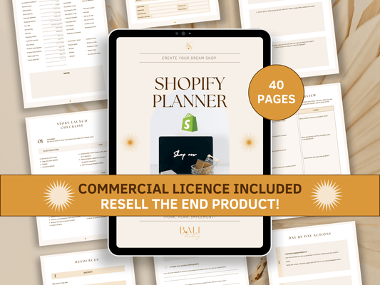 Shopify done-for-you planner editable in Canva with included commercial license for resell. Tablet mockup in the background with aesthetic and boho Shopify planner templates for content creators and business owners.