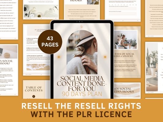 Social Media Content done-for-you PLR eBook for resell with private label rights. Tablet mockup and aesthetic and boho eBook section templates in the background for content creators and business owners. It's editable in Canva.