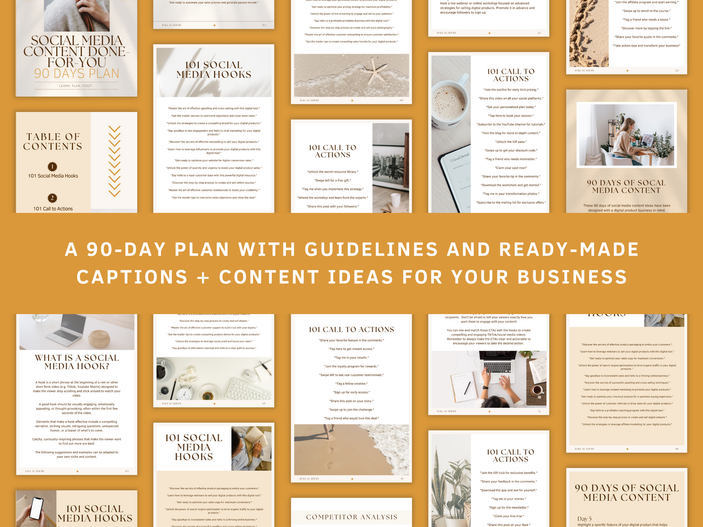 Social Media Content done-for-you PLR eBook - A 90-day plan with guidelines and ready-made captions and content ideas for your business! You can see aesthetic and boho eBook section templates in the background. It's editable in Canva.