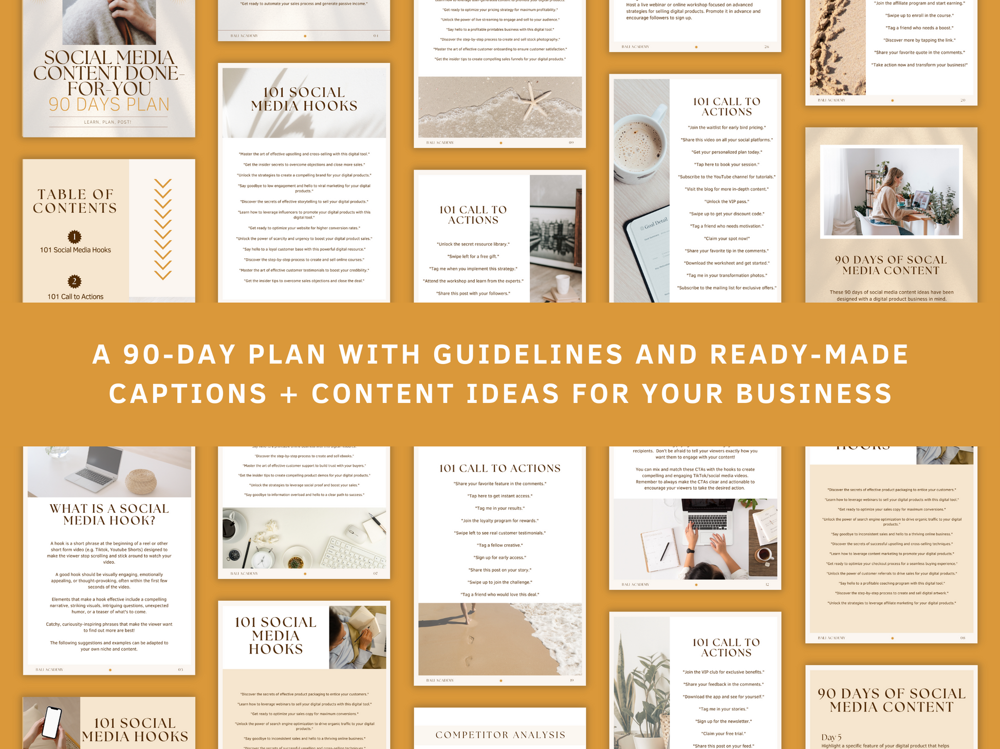 Social Media Content done-for-you PLR eBook - A 90-day plan with guidelines and ready-made captions and content ideas for your business! You can see aesthetic and boho eBook section templates in the background. It's editable in Canva.