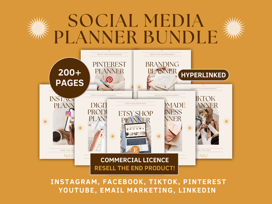Social media done-for-you planner bundle editable in Canva with included commercial license for resell. This bundle includes Instagram, Facebook, TikTok, Pinterest, Youtube, Email marketing and LinkedIn planner templates for content creators and business owners.