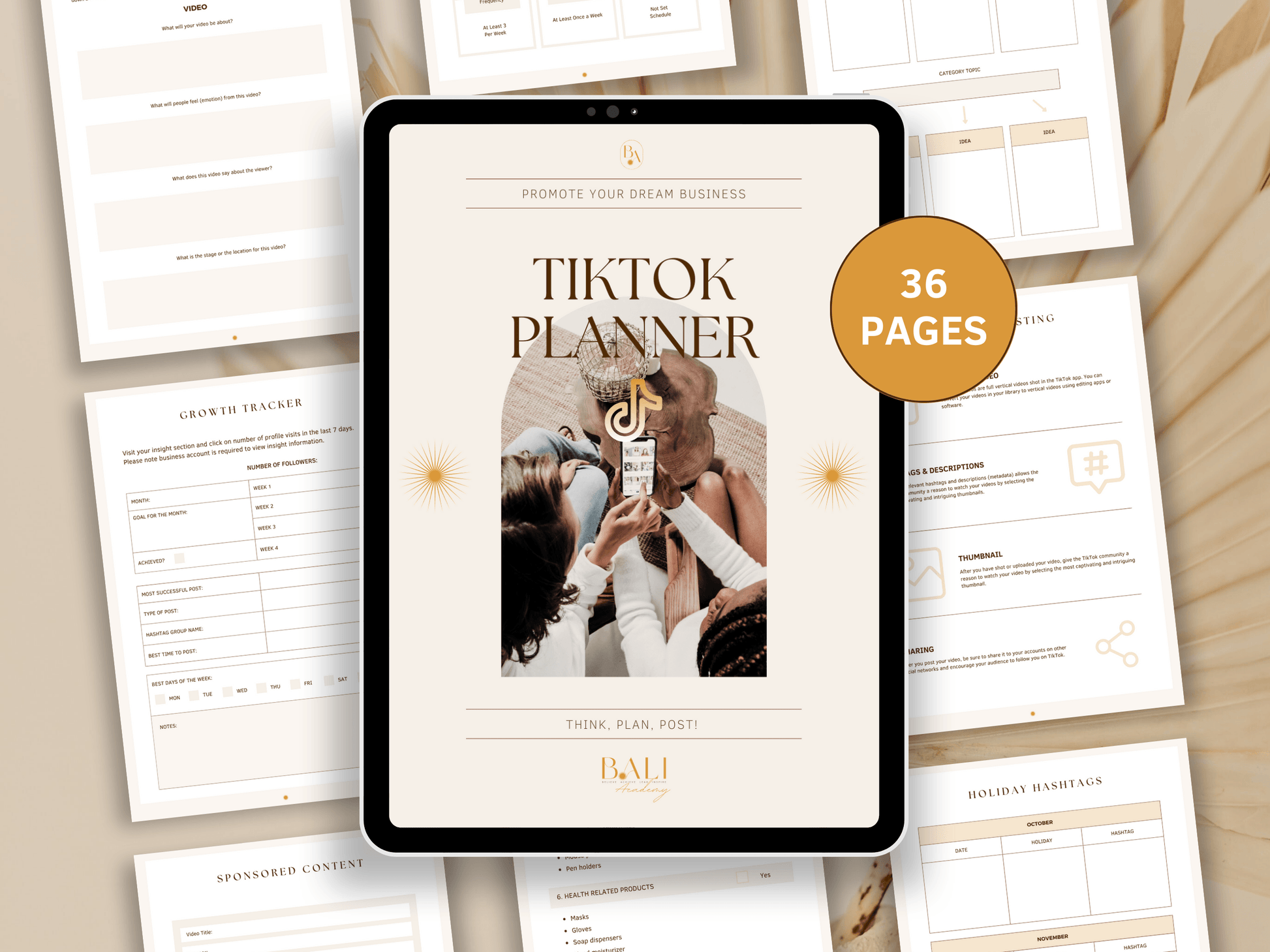 TikTok done-for-you planner editable in Canva with included commercial license for resell. Tablet mockup in the background with aesthetic and boho TikTok planner templates for content creators and business owners.