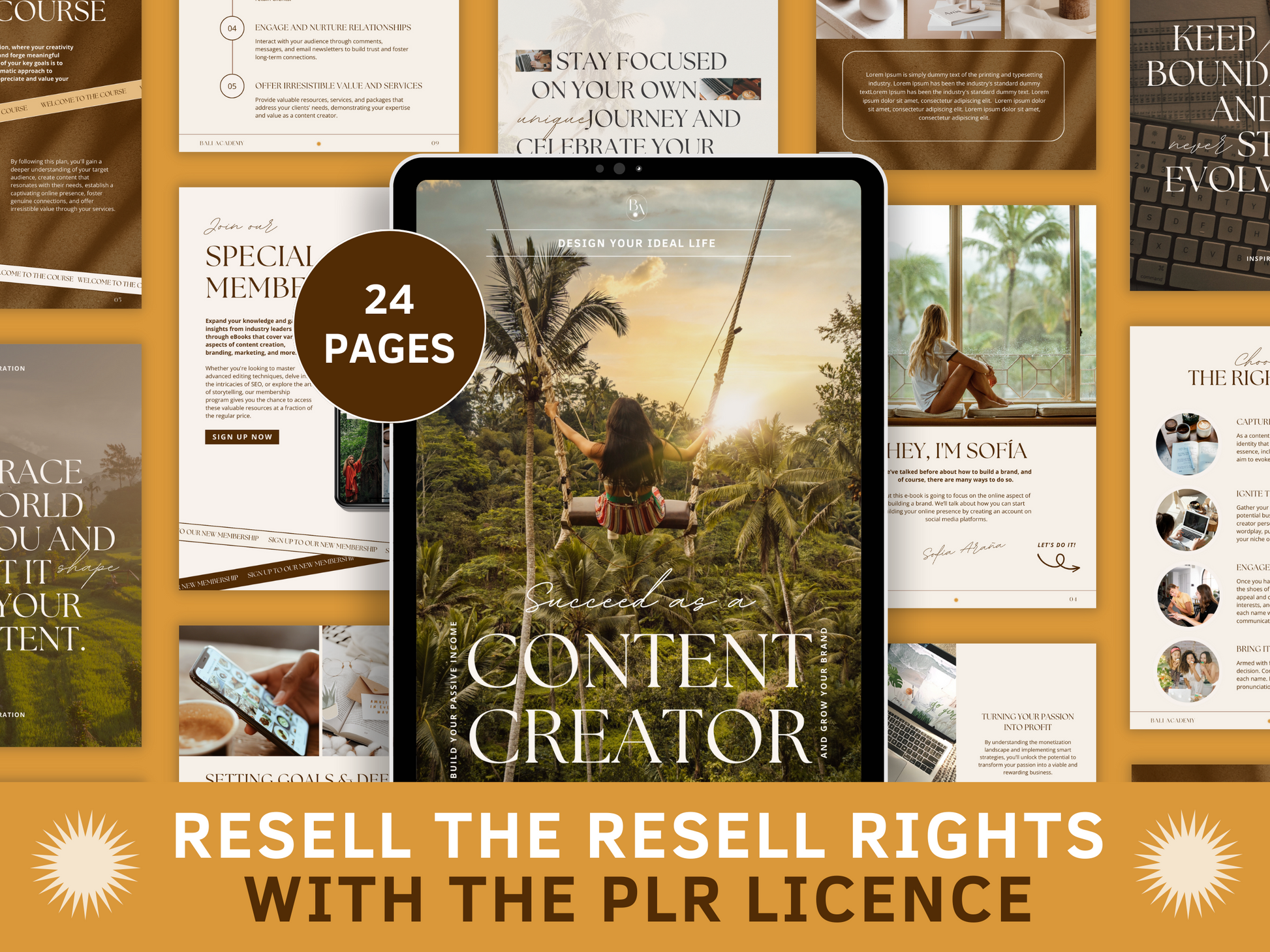 Succeed as a Content Creator PLR eBook for resell with private label rights. Design your ideal life. Phone mockup with an aesthetic Bali photo and boho and aesthetic eBook templates in the background for content creators and business owners. It's editable in Canva.