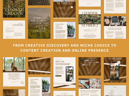 This PLR eBook contains a large and varied number of chapters, which deal with topics from creative discovery and niche choice to content creation and online presence. It will help you succeed as a Content Creator! You can see aesthetic and boho eBook templates in the background.