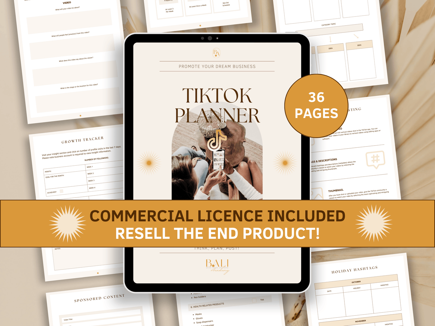 TikTok content strategy done-for-you planner editable in Canva with included commercial license for resell. Tablet mockup in the background with aesthetic and boho TikTok strategy planner templates for content creators and business owners.