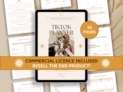 TikTok content strategy done-for-you planner editable in Canva with included commercial license for resell. Tablet mockup in the background with aesthetic and boho TikTok strategy planner templates for content creators and business owners.