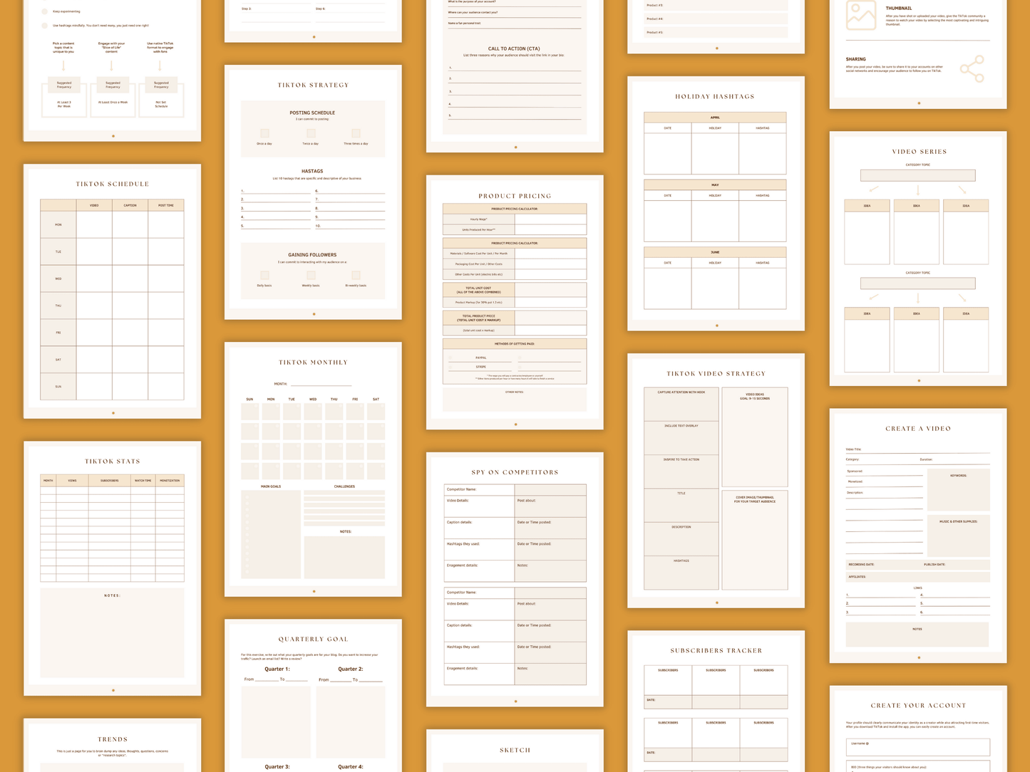 Aesthetic and boho done-for-you planner templates which include e.g. TikTok schedule, TikTok stats, subscribers tracker, etc. perfect for your business. It's editable in Canva.