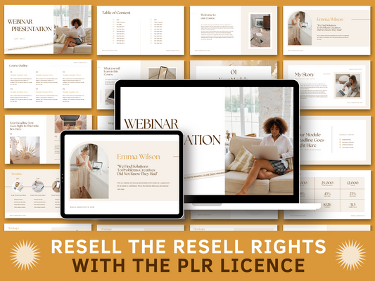 PLR Webinar Presentation Slides for resell with private label rights. Tablet and computer mockups and boho and aesthetic Webinar slides templates templates in the background perfect for content creators and business owners. It's editable in Canva. 