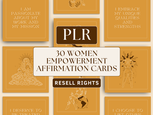 PLR women empowerment affirmation cards for resell with private label rights. Boho and aesthetic women empowerment affirmation cards templates in the background for content creators and business owners. It's editable in Canva.