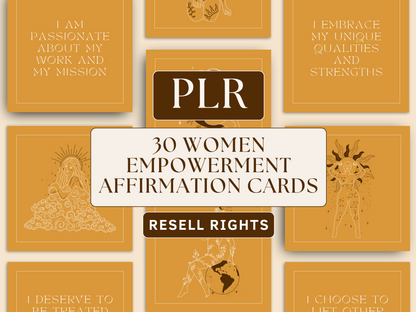 PLR women empowerment affirmation cards for resell with private label rights. Boho and aesthetic women empowerment affirmation cards templates in the background for content creators and business owners. It's editable in Canva.