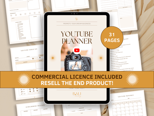 Youtube content strategy done-for-you planner editable in Canva with included commercial license for resell. Tablet mockup in the background with aesthetic and boho Youtube strategy planner templates for content creators and business owners.