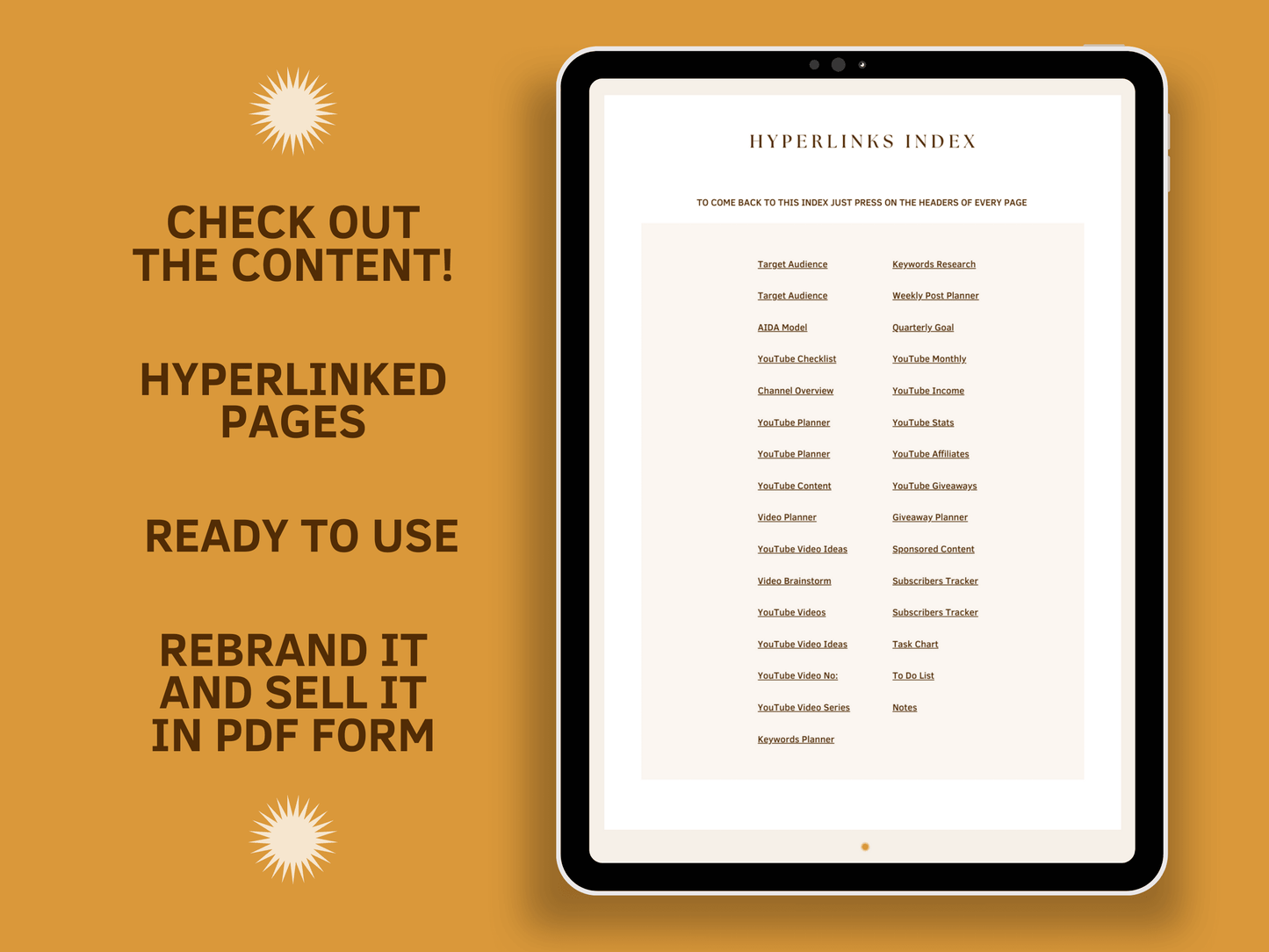 Tablet mockup with a Youtube content strategy planner hyperlinked index template with aesthetic font and boho style for content creators and business owners. It's ready to use and editable in Canva.